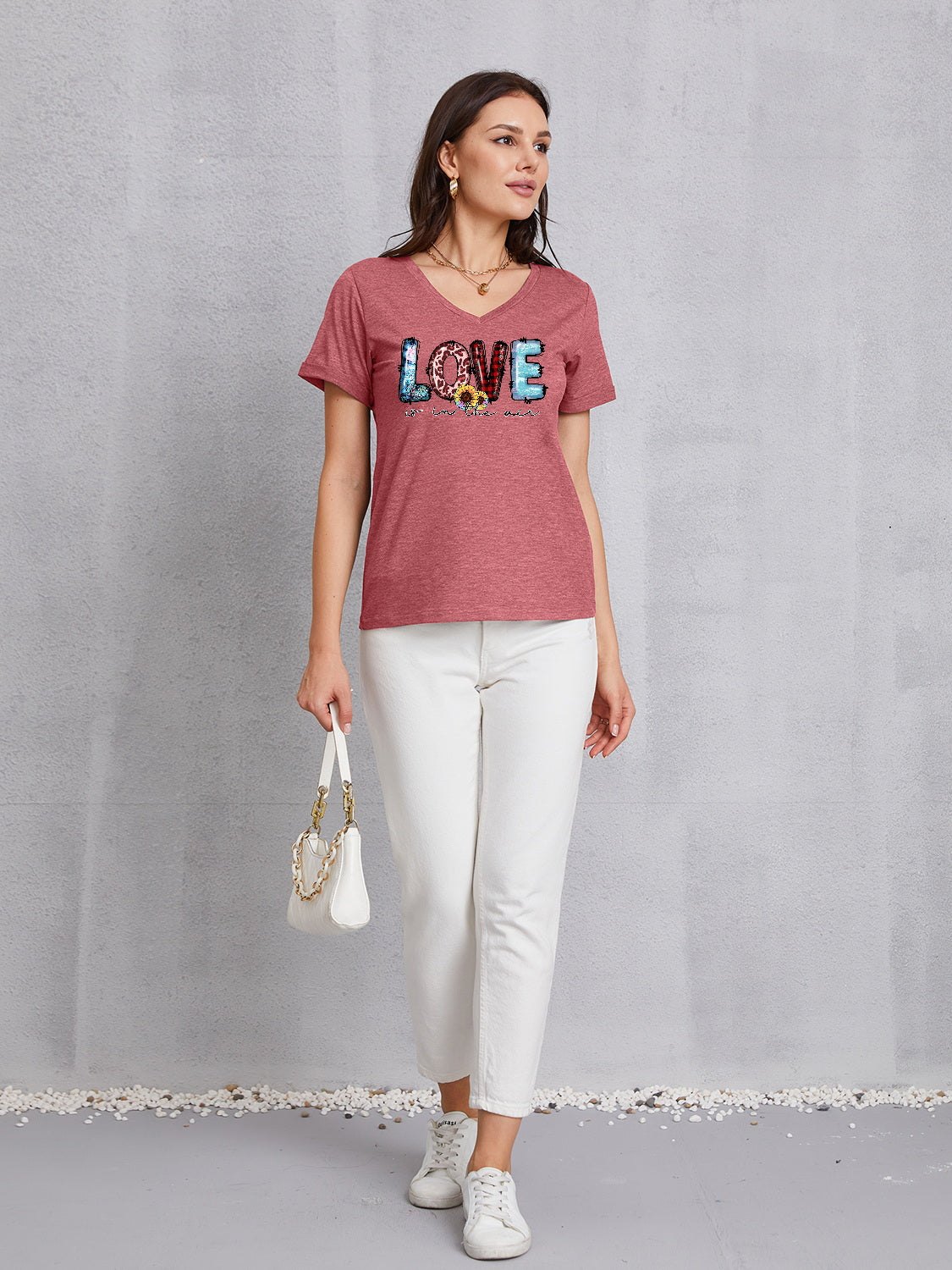 Letter Graphic V-Neck Short Sleeve T-Shirt