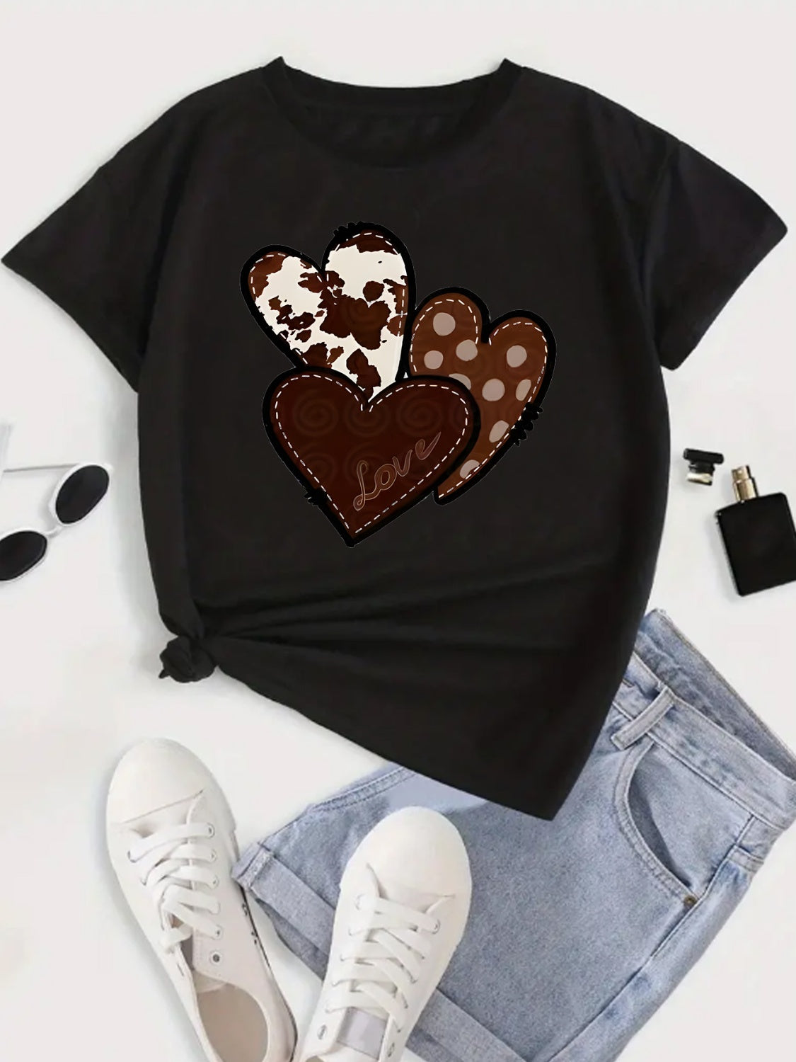 Heart Round Neck Short Sleeve T-Shirt