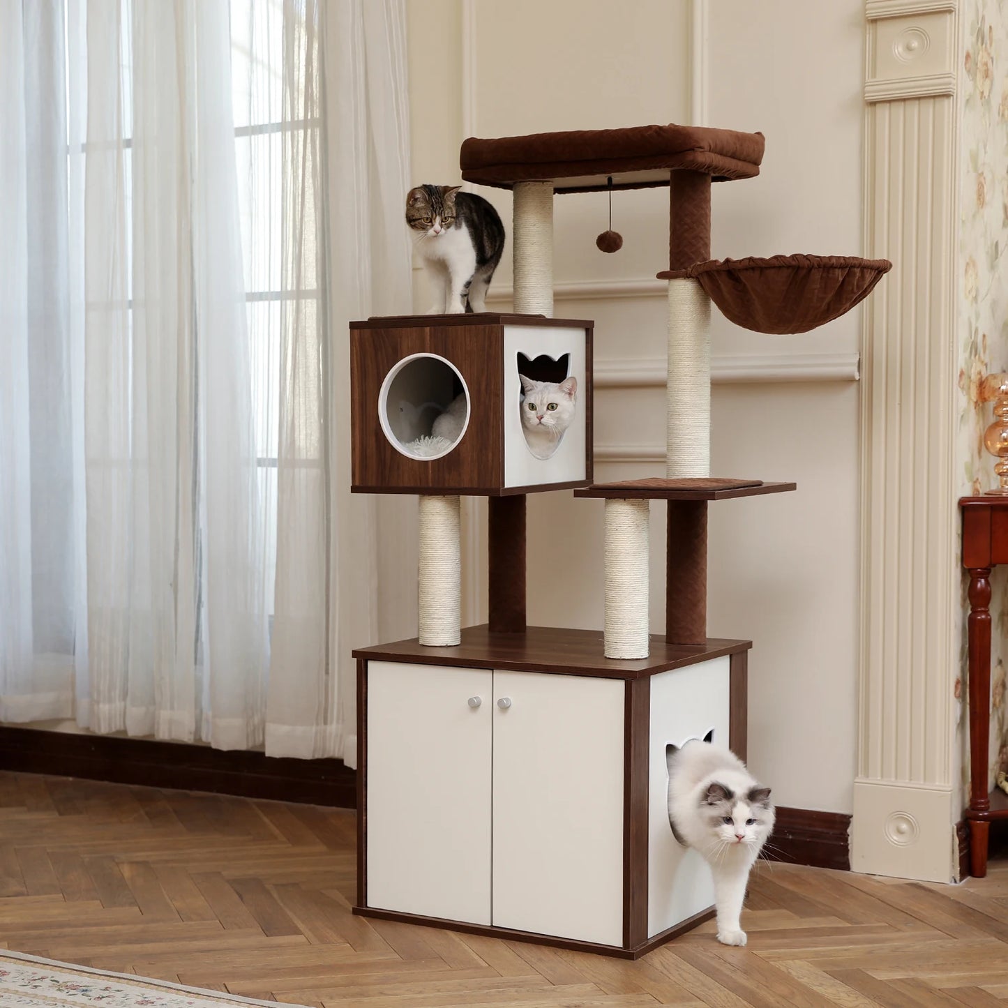 Luxury Cat Tree Tower with Cabinet Wood Adjustable Height Floor-to-Ceiling Vertical Cat Tower Toy rascador gato arbre à chat