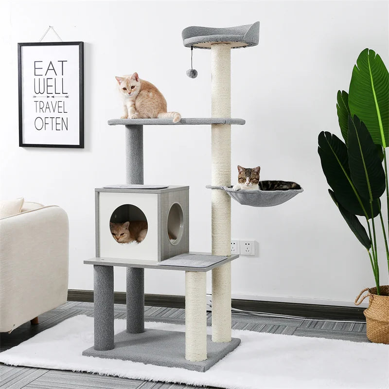 Luxury Cat Tree Tower with Cabinet Wood Adjustable Height Floor-to-Ceiling Vertical Cat Tower Toy rascador gato arbre à chat