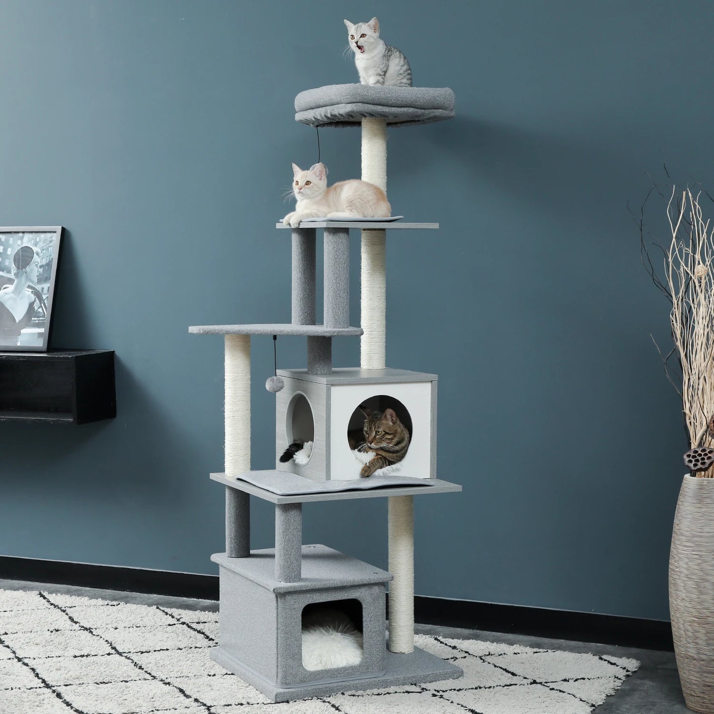 Luxury Cat Tree Tower with Cabinet Wood Adjustable Height Floor-to-Ceiling Vertical Cat Tower Toy rascador gato arbre à chat