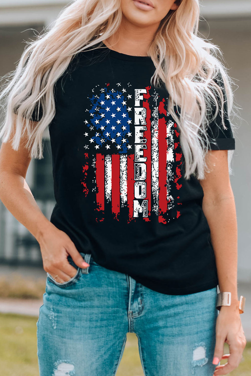 FREEDOM US Flag Graphic Round Neck Tee