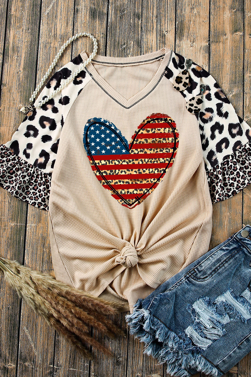 Star and Stripe Heart Graphic Leopard Top