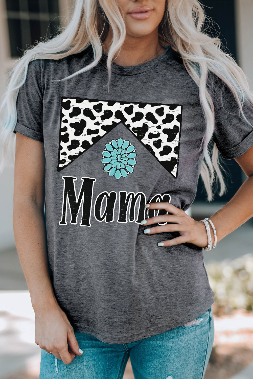 MAMA Graphic Cuffed Sleeve Round Neck Tee