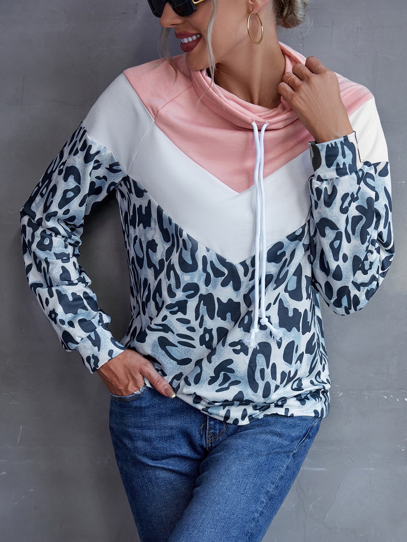 Leopard Color Block Drawstring Sweatshirt