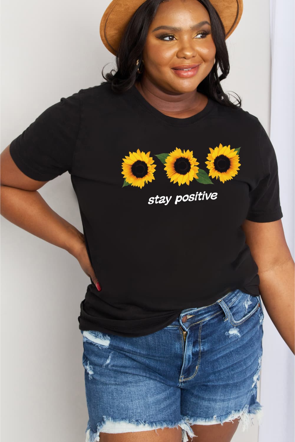 Simply Love Full Size STAY POSITIVE Sunflower Graphic Cotton Tee