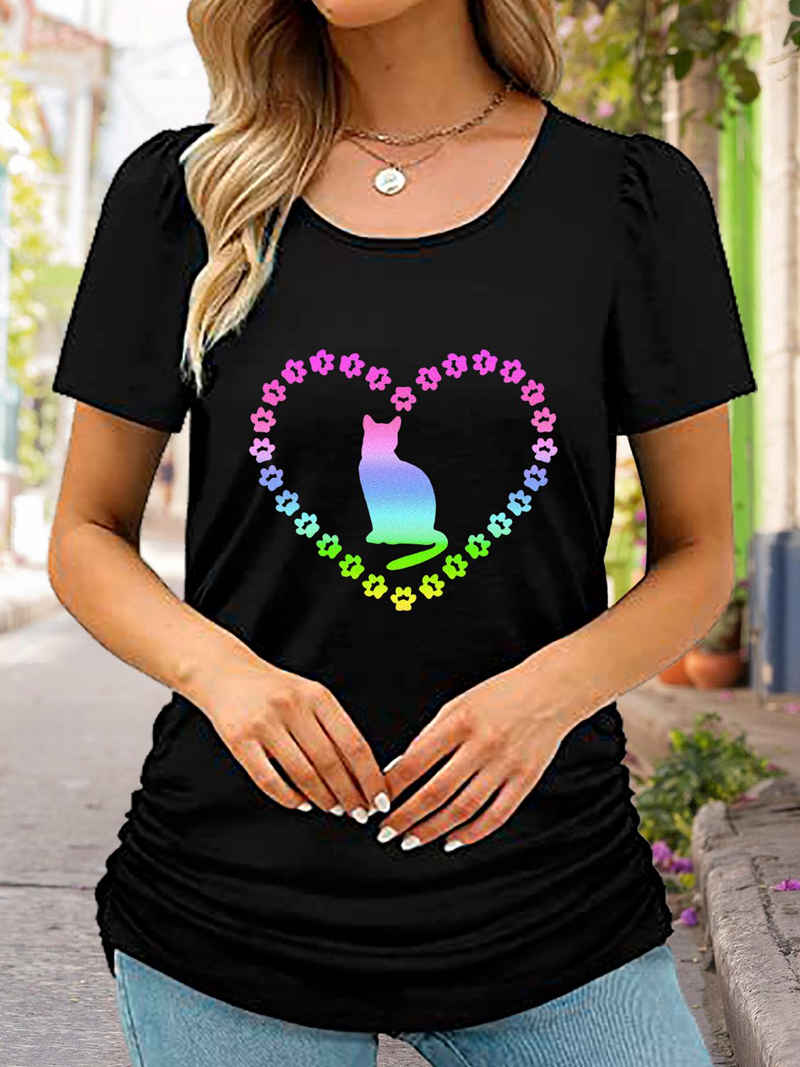 Full Size Cat Heart Graphic Short Sleeve T-Shirt